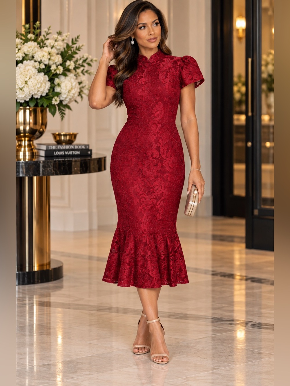NWT Bariano Australia Red Jacquard Brocade Short Sleeve Gown – Size 4